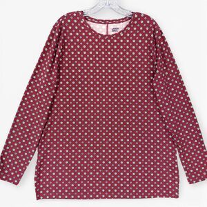 Lands End Womens L Tunic Top Burgundy Geo Print Long Sleeve UPF 50 Stretch